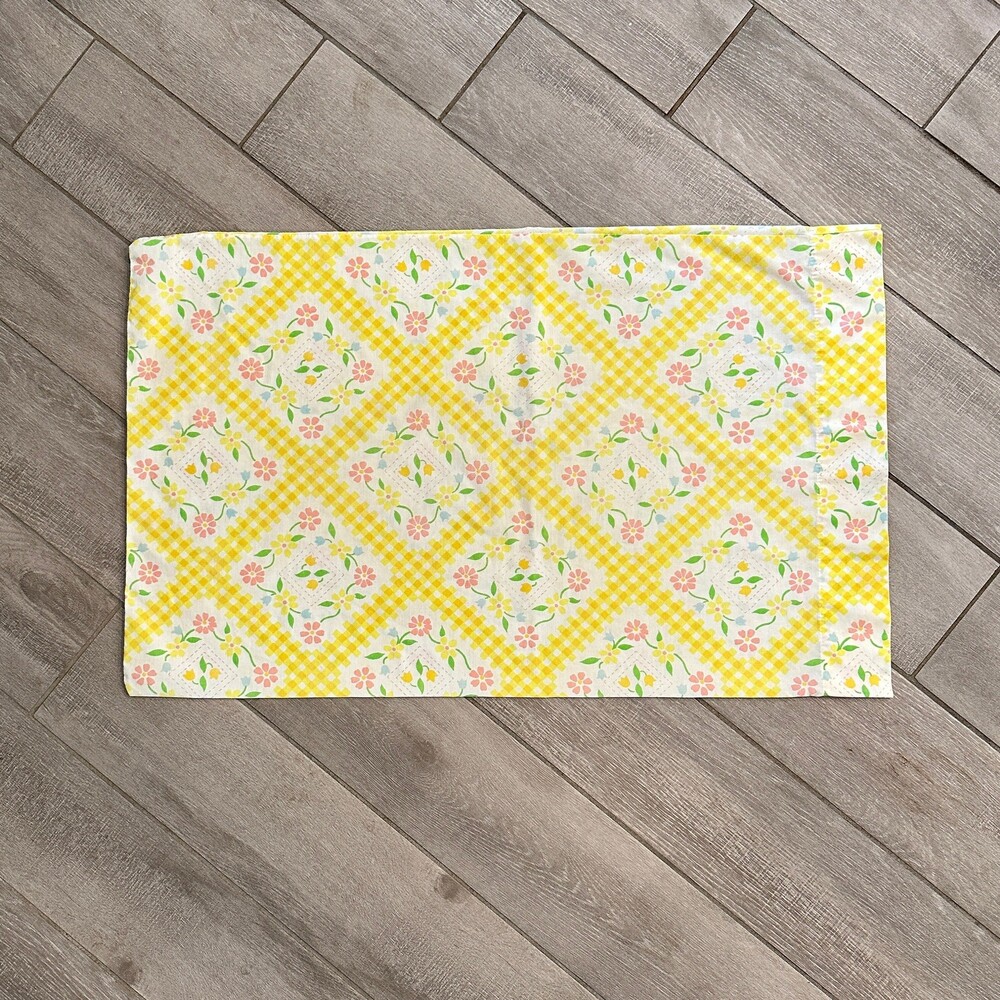 Vintage Yellow Checkered Floral Standard Pillowcase 1970s